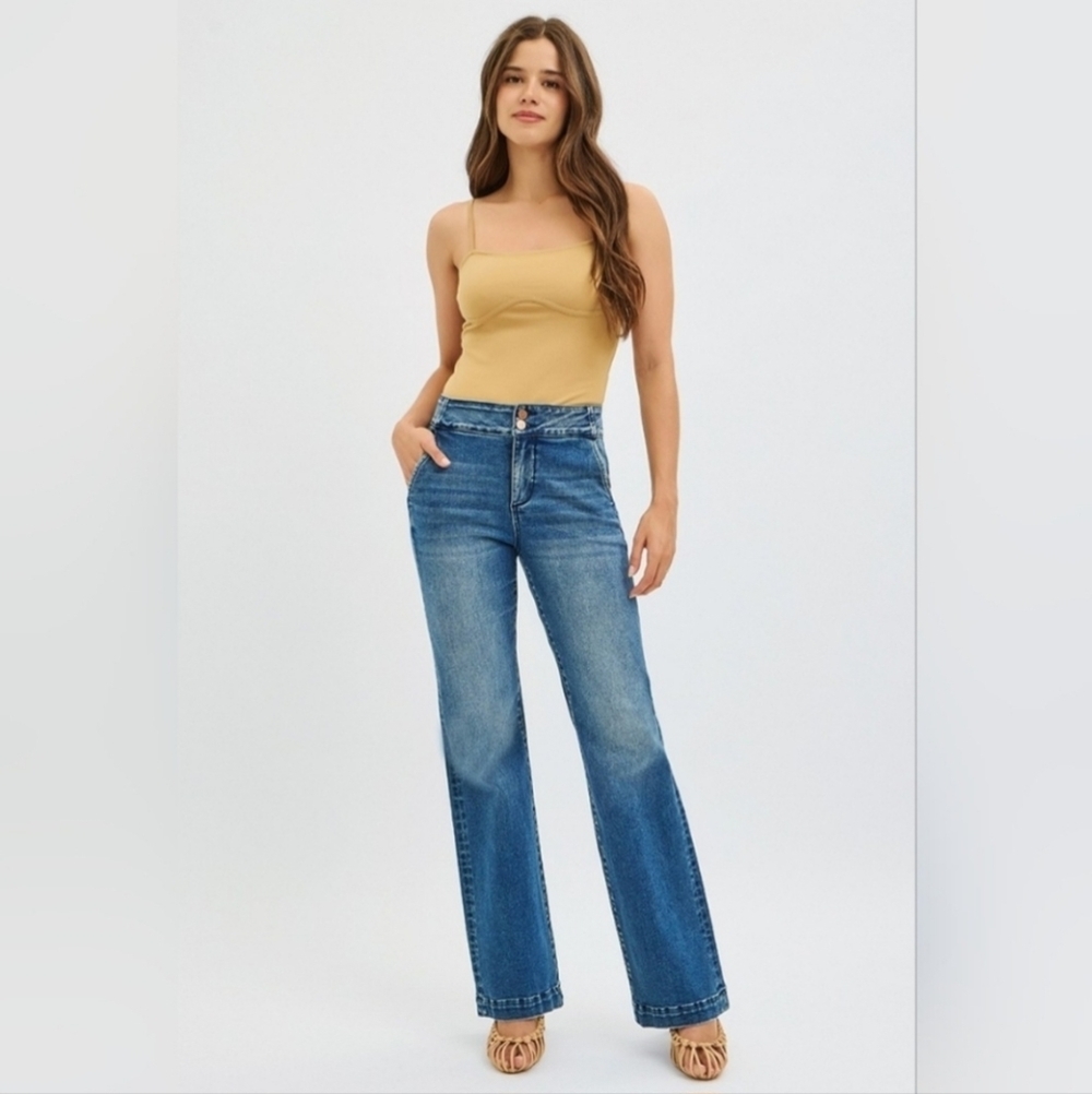 RISEN HR Dark Wash Wide Leg Jeans Double Button Trouser Style Denim 9/29 NEW